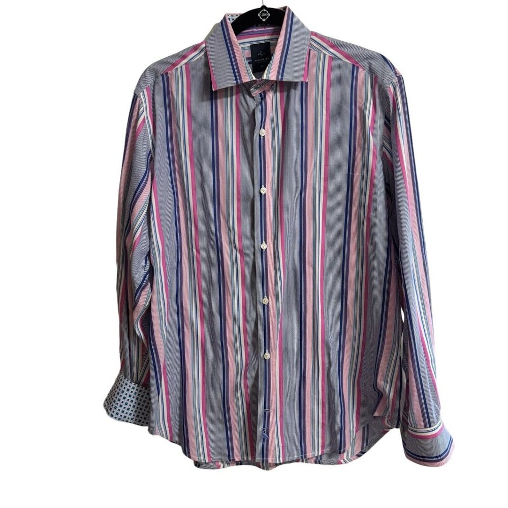 Tailorbyrd Shirt Medium Blue Pink Purple Button Up Long Sleeve Flip Cuff